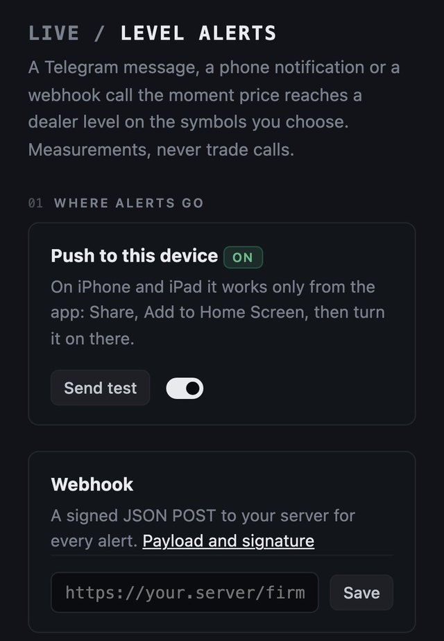 The Level alerts page on a phone with Push to this device turned on and the webhook field