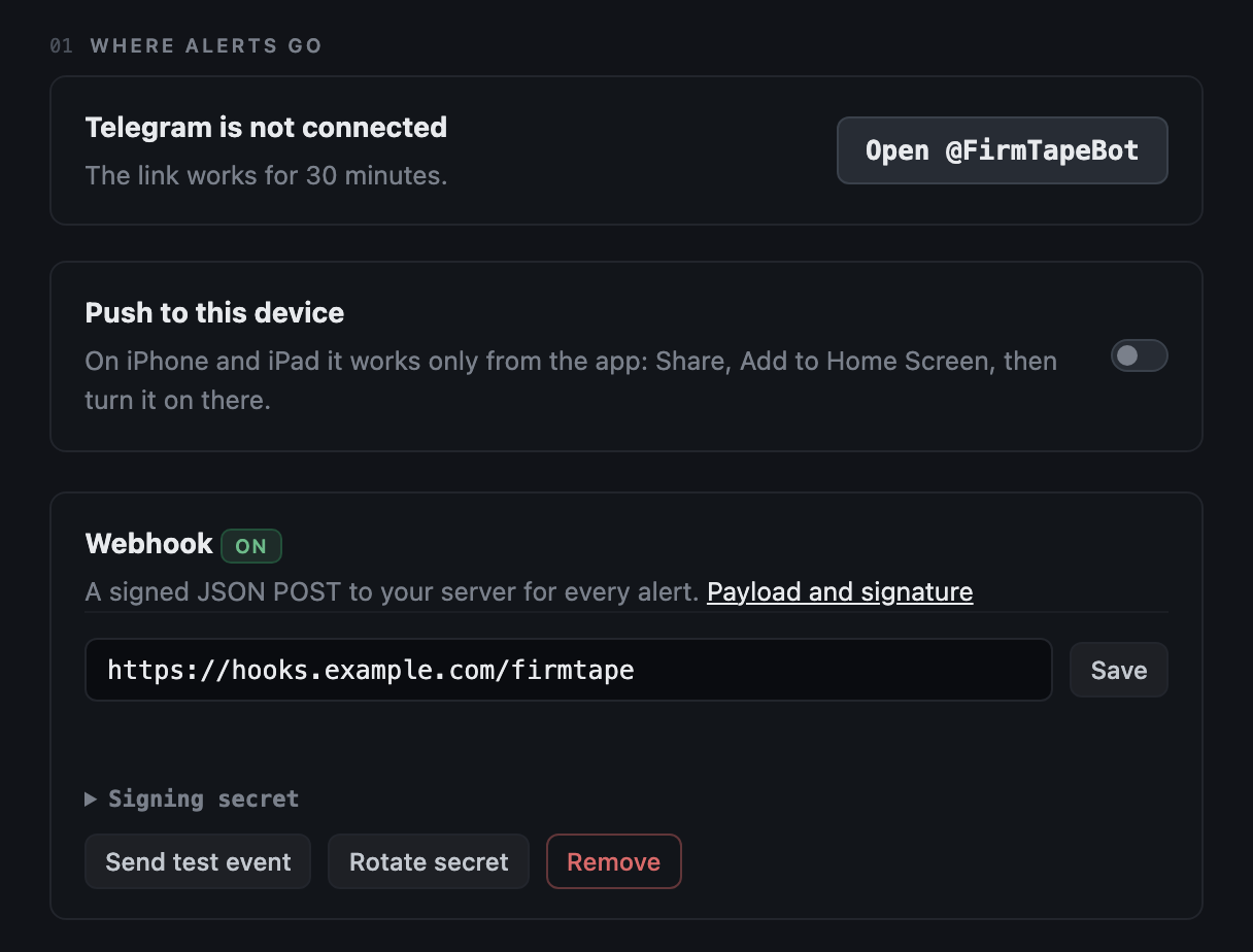 The Where alerts go section: Telegram, Push to this device and a webhook with its signing secret, Send test event, Rotate secret and Remove