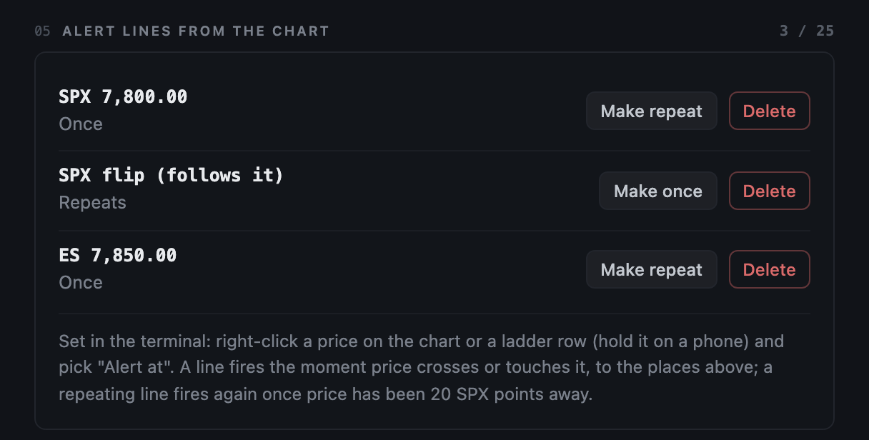 The alert lines list with an SPX price line, an SPX line that follows the flip and an ES price line
