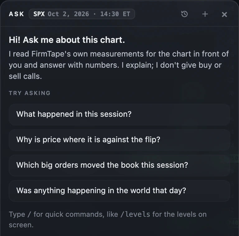 The ASK drawer on SPX at 14:30 ET on Oct 2, 2026, with four suggested questions about the session