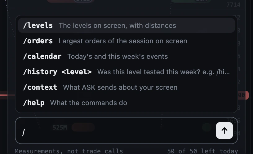 The ASK command list: /levels, /orders, /calendar, /history, /context and /help with what each answers