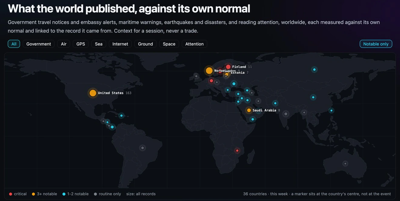 Pick a sector on the map: At /geo the map sizes each country by its records this week. The chips narrow it to government, air, GPS, sea, internet, ground or attention.