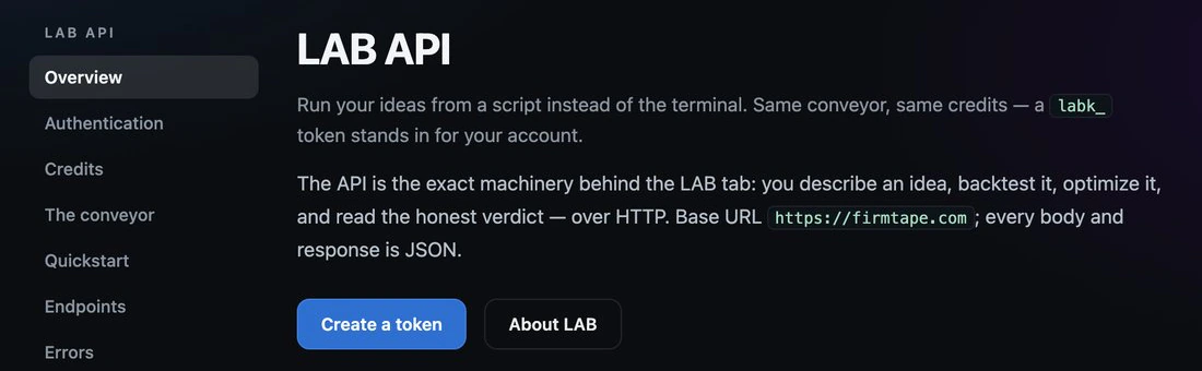 The LAB API page: run your ideas from a script, same conveyor, same credits