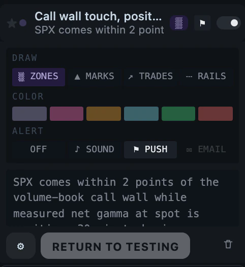 A desk idea's settings: the draw style, the colour and ALERT set to PUSH, with OFF and SOUND beside it