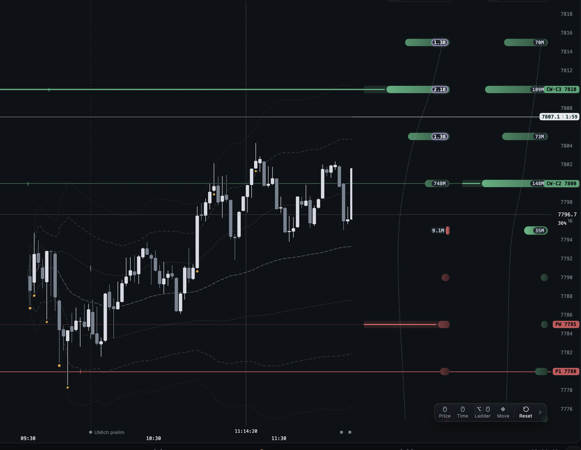 The chart zoomed by hand with the Price, Time, Ladder, Move and Reset panel at the bottom right