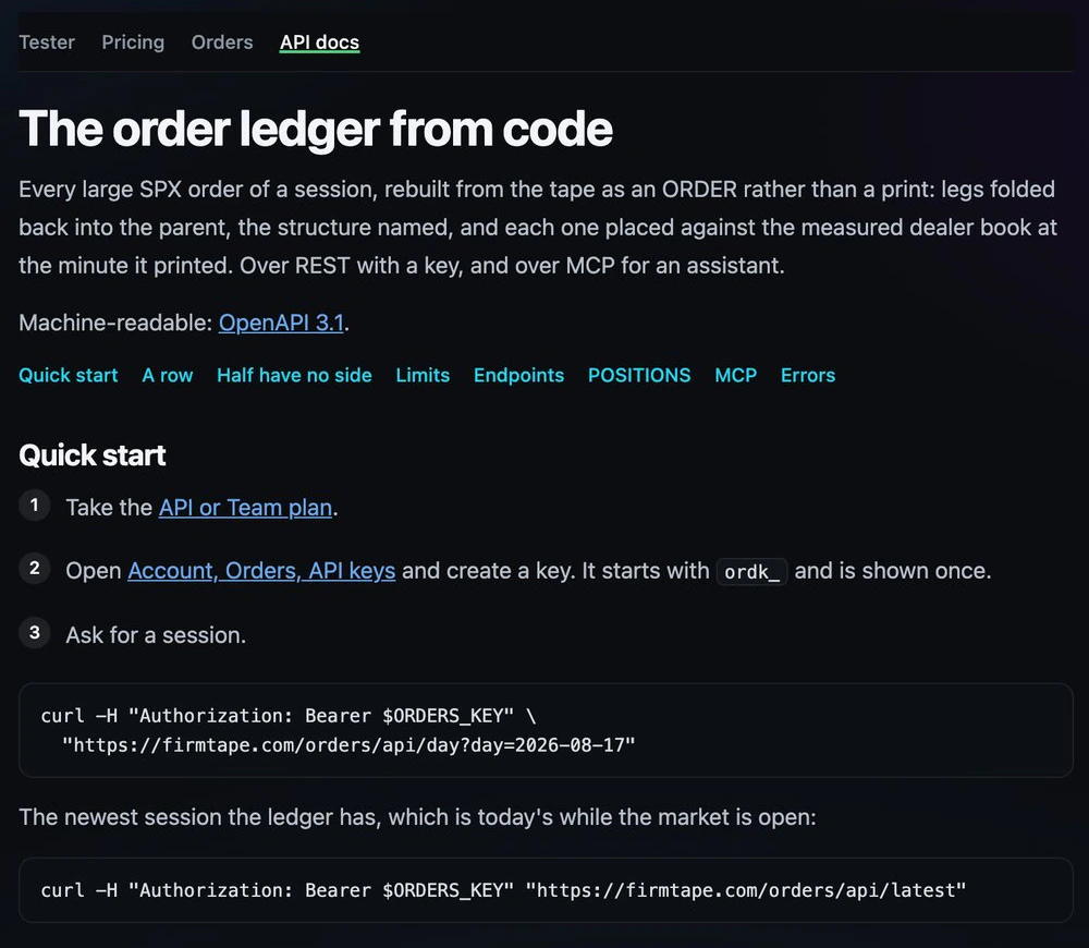 The orders API reference page: the quick start with the two calls for a dated session and the newest one