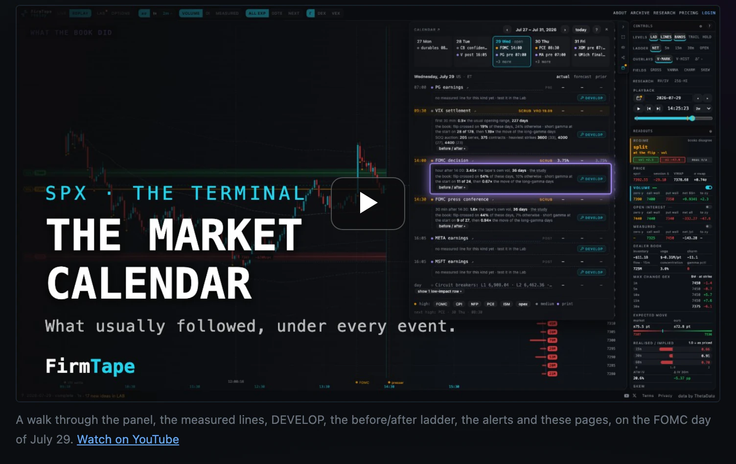 A FirmTape video on the market calendar page: a poster from a real session, the play button and the link to the channel